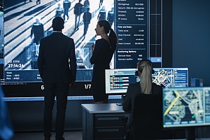 police officers at the stations looking through street footage for a criminal