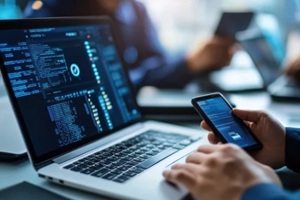 Police officers utilizing digital forensics tools for cyber security investigation