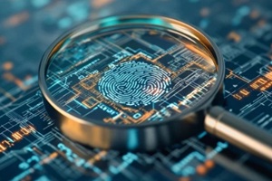 magnifying glass focuses on a digital fingerprint overlaid on a circuit board