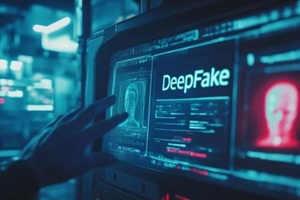 scene shows a clean, modern screen with the large word DeepFake on the screen with blue color accent and capital letters and there is minimalist human face illustration 